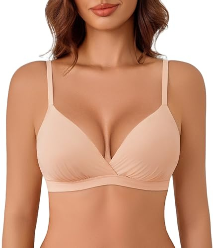 Avidlove Wireless Triangle Bralettes for Women Deep V Unpadded Bras Stretchy Double Layer Tshirt Bralette Nude Medium