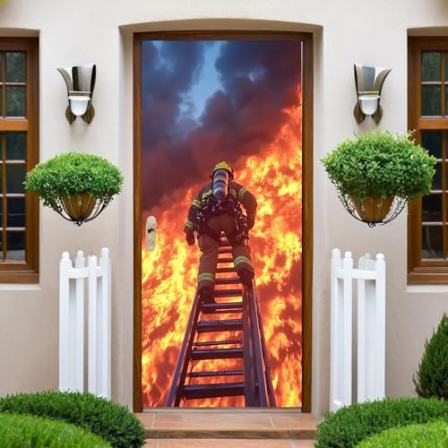 Rojo Pegatina Puerta Bomberos y bomberos 3D 77x200cm – Vinilo PVC Autoadhesivo y Extraíble, Mural Decorativo para Puerta y Pared Interior