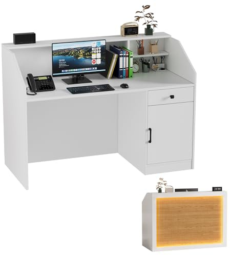 MSFE Bancone Reception con LED,Banco Reception con Cassetto,Armadio,Ripiani Aperti e Prese,Bancone Ufficio per Reception per Parrucchiere, Centro Estetico, Negozio, Hotel e Ufficio,140 * 60 * 110CM
