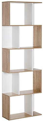 HOMCOM Librería de 5 Niveles, Estantería para Libros en Forma de S con 10 Estantes, para Sala de Estar, Dormitorio, Estudio, Oficina, 60x24x184,5 cm, Blanco y Natural