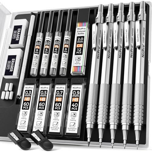 Nicpro Metal Mechanical Pencil Set, 5 PCS Art Drafting Pencils 0.3, 0.5, 0.7, 0.9 mm & 2mm Graphite Lead Holder For Sketching Drawing With 9 Tubes (4B 2B HB 2H Colors) Lead Refills Erasers Case
