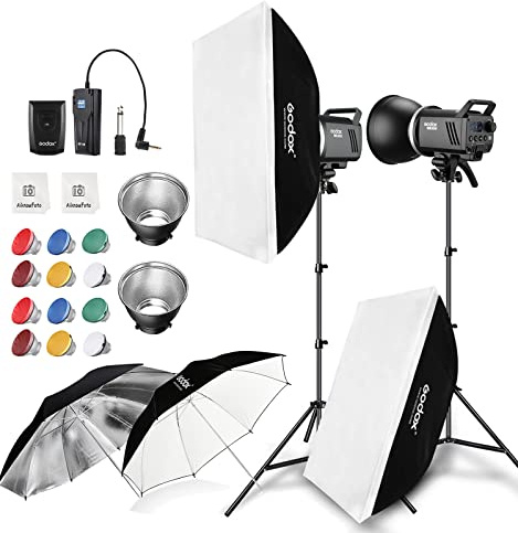2pcs Godox MS300 600W Studio Strobe Flash Kit Bowens Mount Lighting,2.4G Wireless GN58 5600K Monolight with 150W Modeling Lamp,RT-16 Flash Trigger,Light Stands,Softbox,Umbrellas,Reflectors