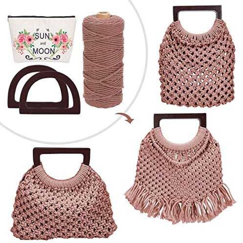 WEBEEDY Kit per Borsa Macramè Fai da Te per Adulti Principianti Kit per Borsa a Mano Macramè per Donne/Ragazze Borsa a Mano Macramè con Manico in Legno Kit di Forniture per Artigianato per