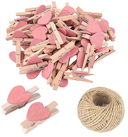 50Pcs Pinkish Mini Wooden Heart Clothespins, Multicolor Small Clothespins with Heart, 3cm Heart Photo Clips, Tiny Clothes Pins with String for Photos Display,DIY Craft,Wedding&Baby Shower Decor