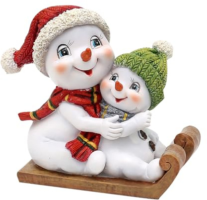 Dekohelden24 Muñecos de Nieve con Gorro y Bufanda en Rojo y Verde sobre Trineo, 14 x 7 x 12 cm