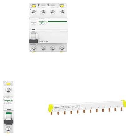 Bundle aus Schneider Electric Fehlerstrom-Schutzschalter IID 4P 40A 30MA TYP A, A9Z21440 + Leitungsschutzschalter IC60N 1P 16A B, A9F03116, 16 Ampere + A9XPH312 Phasenschiene Steg, 3P, 12 TE, 100A