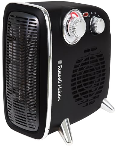 Russell Hobbs Riscaldatore elettrico 1800 W/1.8 KW, termoventilatore retrò orizzontale/verticale con termostato regolabile, 2 impostazioni di calore, controllo a ghiera, RHRETHFH1001B, Nero
