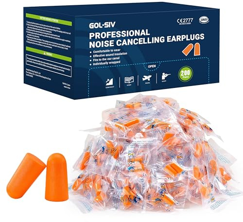 GOL-SIV 200 Pairs Foam Ear Plugs - 38dB(NRR 33dB) Noise Reduction Disposable Earplugs for Shooting, Sleeping, Work & Construction Site