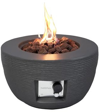 Field & Flame Marilla Gas Fire Pit Outdoor 13kW – Round Bowl Concrete Garden Fire Pit with Stainless Steel Burner, Lava Rock & Protective Cover – Propane Patio Heater with Carry Handles – Grey
