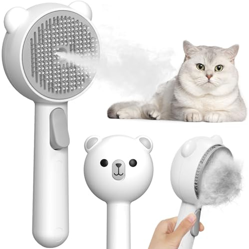 Brosse Vapeur Chat avec 2 Niveaux de Pulvérisation et Bouton de Relâchement, 4 en 1 Spray Dépilatoire Massage Nettoyage en un Clic, IPX7 étanche Brosse pour Poils Longs et Courts Chats Chiens
