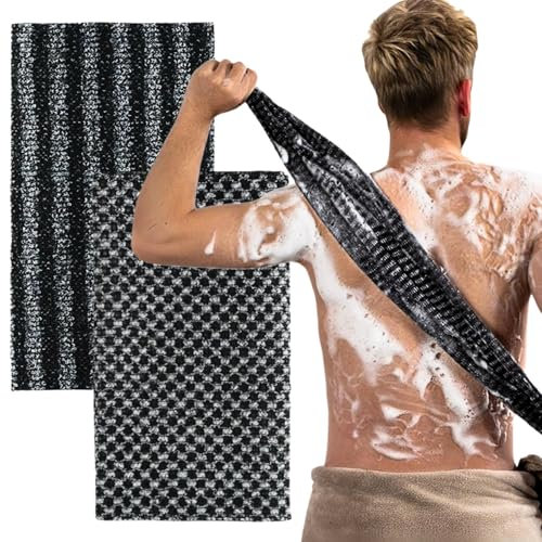 KEYRI 2 Stücke Peelinghandschuh Dauerhaft Peeling-Duschtuch für Tiefenreinigung & Körperpeeling Extra-Lange Peeling Waschlappen für Bad Sauna Peeling-Rückenschrubber für Frauen und Männer (Schwarz)