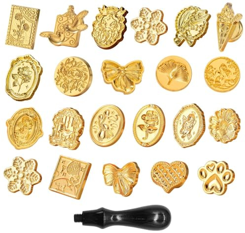 2 Sets of Gold Wax Stamp Heads, 1 Piece Black Handle, Retro Stylish Variety of Patterns, Reusable, Wax Seal Stamp Set.