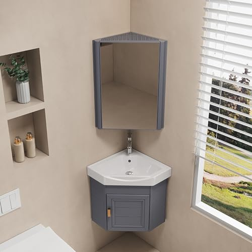 Wall-Mounted Bathroom Sink with Cabinet Space-Saving Corner Vanity Floating Washbasin for Small Spaces Guest WC Mirror Cabinet RV Washbasin Stylish Storage Solution.