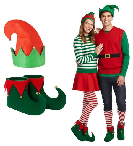 FNA FASHIONS Unisex Adult Elf Hats & Shoe Covers | Christmas Hat and Jingle Bell Shoes | Santa’s Helper Fancy Dress Costume Accessories for Men & Women (Elf Hat with Bells & Shoes Covers)