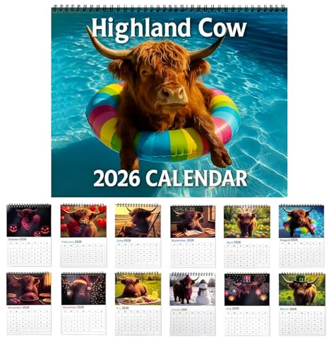 Highland Cow Calendar 2026 - Highland Cows Wall Art Calendars, Fun & Cute 12 Month Scottish Cow Hanging Decoration with Thickened Full-Color Illustrations for Home Office Decor & Animal Lovers Gift