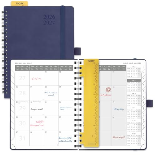 POPRUN Agenda Månadskalender 2026 2027, Juli'26 - Dec'27, 18 Månader 22 x 16,5 cm, 2 Sidor per Månad, Skolkalender, Mjuk Spiralbindning, Linjal, Papper 100 gsm,Marineblå