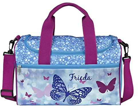 minimutz kleine Sporttasche mit Namen | inkl. NAMENSDRUCK | Motiv Schmetterling Butterfly in hell-blau pink | Personalisieren & Bedrucken | Reisetasche für Mädchen