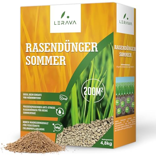 LERAVA® Engrais gazon été (200m²)- Nutrition équilibrée pour pelouse verte et dense - anti mousse gazon granulés riche en azote - Croissance résistance à la sécheresse - Idéal entretien pelouse jardin