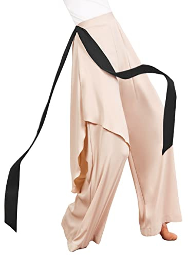Angcoco Women's Loose Fit Elegant Chiffon Pants for Dance Training Beige
