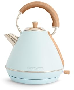 CREATE/KETTLE RETRO L/Elektrischer Wasserkocher Pastellblau/Schnelles Aufkochen, Fassungsvermögen 1,7L, Abschaltautomatik, Anti-Kalk-Filter, Wasserstandsanzeige, Ø19cm, 2200W