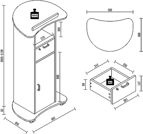 VCM Holz mobiles Rednerpult | Maße ca. H. 110 bis 120 cm x B. 56 cm x T. 37 cm | rollbar mit Schublade | Stehpult | Stehtisch mit Tür - Redola