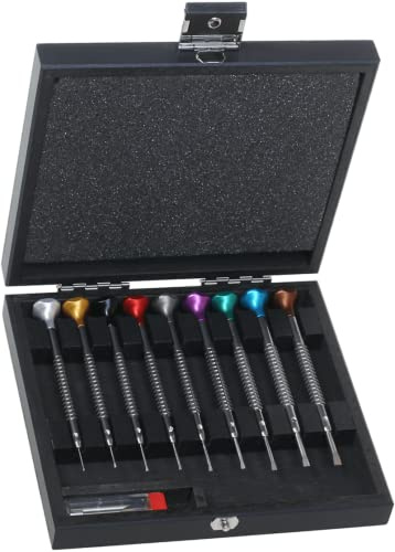 KD89 Horotec MSA01.218-A - Surtido de 9 destornilladores de reloj en caja de madera., multicolor