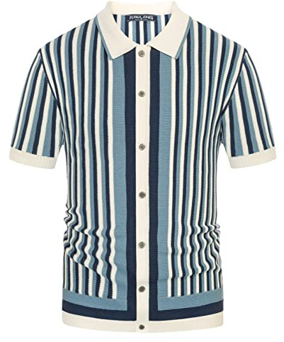 PJ Paul Jones Polo rétro en Maille pour Homme, Chemise rayée Vintage, Blanc/Bleu, Taille L