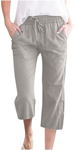 oglccg Womens Capris Trousers 3/4 Pants Cotton Linen Elastic High Waist Cropped Drawstring Summer Autumn Solid Color Pockets Loose Straight Wide Leg Outdoor Plus Size 8-18 A Gray XL