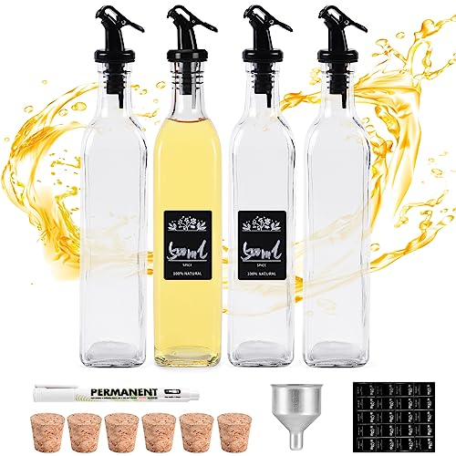 FNLLC Ölflasche,Glasflaschen 500ml,4 er Olivenöl Flasche,Ölspender mit Trichter,Essig und Ölflaschen set,Lebensmittelechtem Bleifreiem Glas mit Etikette,Korken Öl Ausgießer,für Liköre und Essige