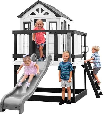 Backyard Discover Spielhaus Sweetwater Heights mit grüner Rutsche, Sandkasten & Veranda | Stelzenhaus, grau/weiß aus Holz für Kinder | Spielturm für den Garten