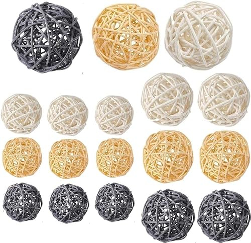 LATRAT Lot de 18 boules décoratives en rotin - Pour mariage, table, fête, aromathérapie, parfum lapin, oiseau, perroquet, jouet à mâcher, bois + blanc + gris clair