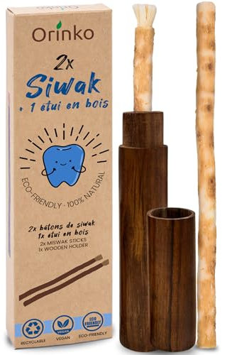 ORINKO 2 bastoncini di Siwak + 1 custodia in legno – Miswak spazzolino da denti naturale ecologico e vegano – cura della bocca tradizionale e sbiancamento dei denti