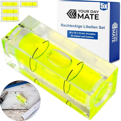 Set di livelle rettangolari, 5 pezzi, 40 x 15 x 15 mm, livella gialla a bolla d'aria, livella ad acqua a bolla d'aria, livella a 1 via, livella circolare per caravan, macchine fotografiche, fai da te