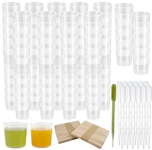Vasos graduados reutilizables pequeños de plástico para medicina, 100 vasos de mezcla de medición de medicamentos de 30 ml, vaso pequeño de plástico graduado con 100 varillas de agitación, 100 goteros