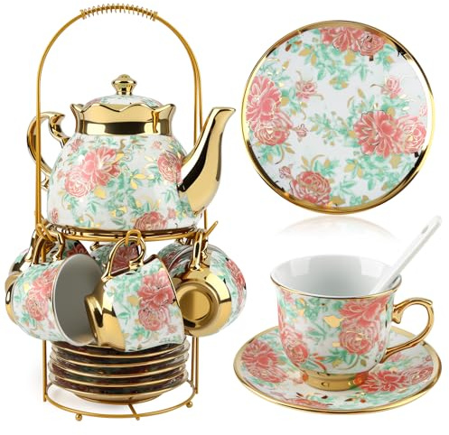 Kytree 20-Piece Porcelain Tea Set for Adults, European Vintage Ceramic Tea Cups (3oz), Teapot (16.9oz), Saucers, Spoons & 2-Tier Metal Stand for Women Tea Party, Gift