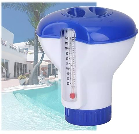Dispensador flotante con termómetro, dispensador flotante de tabletas de cloro, dispensador de tabletas de cloro, flotador químico ajustable para piscinas interiores y exteriores, jacuzzis