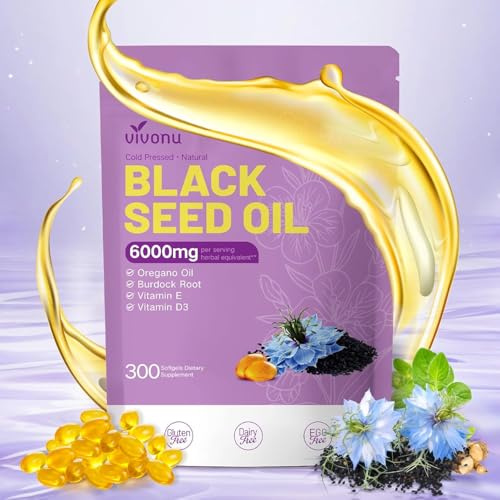VivoNu huile de nigelle | Nigelle BIO & VEGAN | huile d origan et nigelle |Huile de graine noire bio pressée à froid | 6000mg d’Huile de Cumin Noir | Pressé à Froid | Sans OGM | 300 unité