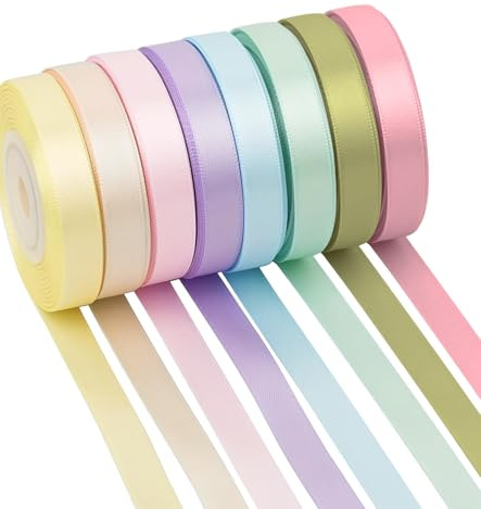 TAKONE - Lot de 8 rubans de satin multicolores - 10 mm × 22,8 m - Pastel - En tissu coloré - Pour travaux manuels, cadeaux, emballages, cartes et décoration de fête
