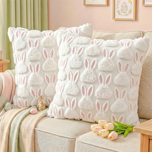 OLANRUN Easter Pillow Covers 18x18 inch Set of 2, Easter Decorations Pink Ears White Bunny Soft Plush Faux Fur Jacquard Throw Pillow Covers for Couch Sofa Home Office Living Room Bedroom Decor (White)