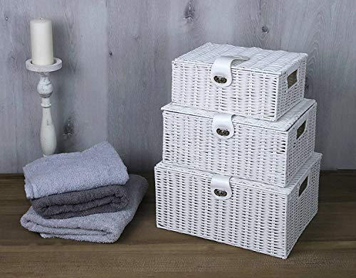 HomeZone Pack of 3 White Wicker Storage Baskets with Lids Lockable Lidded Woven Storage Baskets Hampers Pretty Storage Boxes with Lid for Bathroom Bedroom Kitchen Stairs Rattan Storage Box with Lid