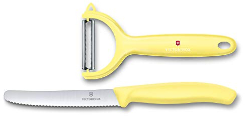 Victorinox SET 2 PIECES SWISSCLASSIC manche jaune pastel comprenant 1 couteau table/tomates crantée et 1 éplucheur universel