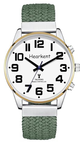 Hearkent Sprechende Uhr mit Deutscher Stimme und großen Zahlen, Selbsteinstellend für Sehbehinderte,Blinde oder Senioren Armbanduhr, Herrengröße (Nylon Grün)