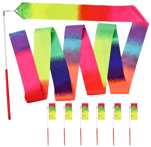 Wisebom 6 Stück Gymnastikband mit Stab, 2 m Kinder Tanzen Streamer Rhythmische Sportgymnastik Band, Gymnastik Farbband Tanzbänder für Kinder Erwachsene Künstlerische Tanzt Gymnastik (Gradient)