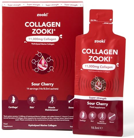 Zooki 11,000mg Super Strength Marine Collagen Liquid Sachets | Hydrolysed Peptides | Ultimate Skin, Hair, Nails, Joints, Bones & Muscles Support (Sour Cherry Flavour, 14 Servings)