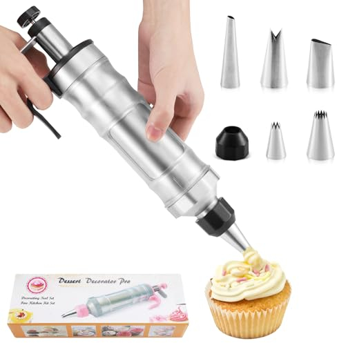 ChefyUper Krapfenspritze für Marmelade,Tortenspritze Garnierspritze Edelstahl mit 6 Tüllen,Garnierspritze mit Transparentem Behälter,Marmeladenspritze für Marmelade,Cupcakes, Gebäck
