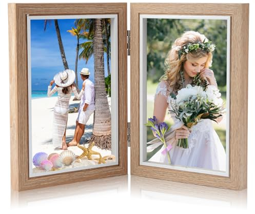 Doppel-Bilderrahmen, 10 x 15 cm, klappbar, Doppel-Bilderrahmen, Holzfarbe, für 2 Fotos, Collage, faltbar, für Familie, Freunde, Innendekoration, DIY-Fotorahmen, Hochzeit