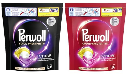 PERWOLL All-in-1 Caps-Set 2x 19 Waschladungen (38WL) 1x Black & 1x Color, All-in-1 Waschmittel Caps-Set reinigen sanft und erneuern Farben & Fasern, mit Dreifach-Renew-Technologie