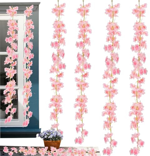 TREABEAR Guirnalda Flores, 4pcs Flores Artificiales Decoracion, Planta Artificial Colgante, Planta Artificial Guirnalda Flor De Cerezo Rosa, Aplicable a Photocall Boda Decoracion Boda Arco
