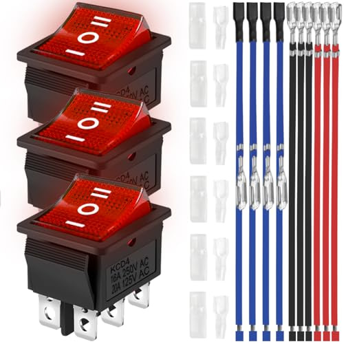 MKBKLLJY 3 stycken vippströmbrytare 6 stift 3 lägen på/på/på/av DPDT AC 16 A 250 V/20 A 125 V röd LED-lampa upplyst båt KCD4 Snap-in-fyrkantig vippströmbrytare med 12 kabelkappor (6,3 mm)