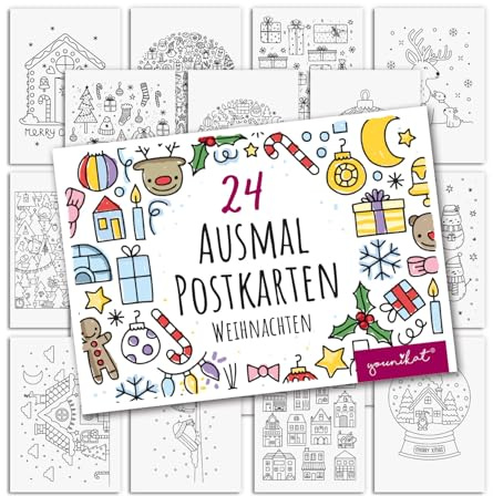 younikat Tarjetas postales de Navidad para colorear, 24 unidades, DIN A6, para niños y adultos, para personalizar, Adviento creativo, dv1531